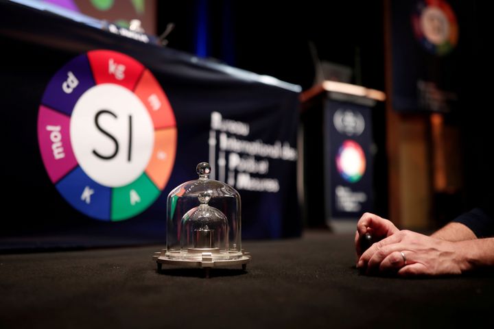 Replica of the International Prototype Kilogram is seen at the 26th meeting of the General Conference on Weights and Measures (CGPM) to vote on the redefinition of four base units of the International System of Units (SI) in Versailles, France, November 16, 2018. 