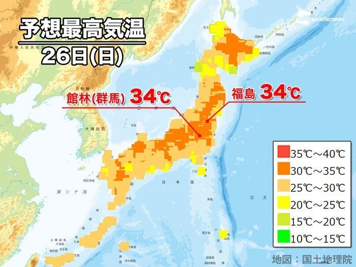 26日(日)の予想最高気温（オレンジ色は30℃以上の真夏日）