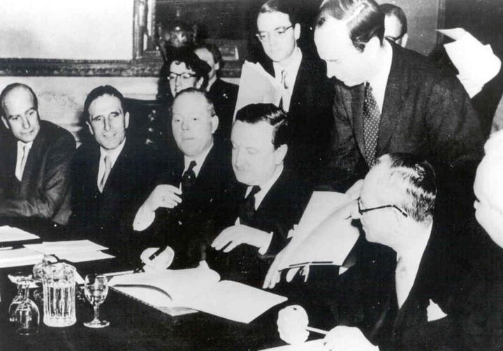 Hermann Josef Abs signing the London Agreement on German External Debts on February 27, 1953.