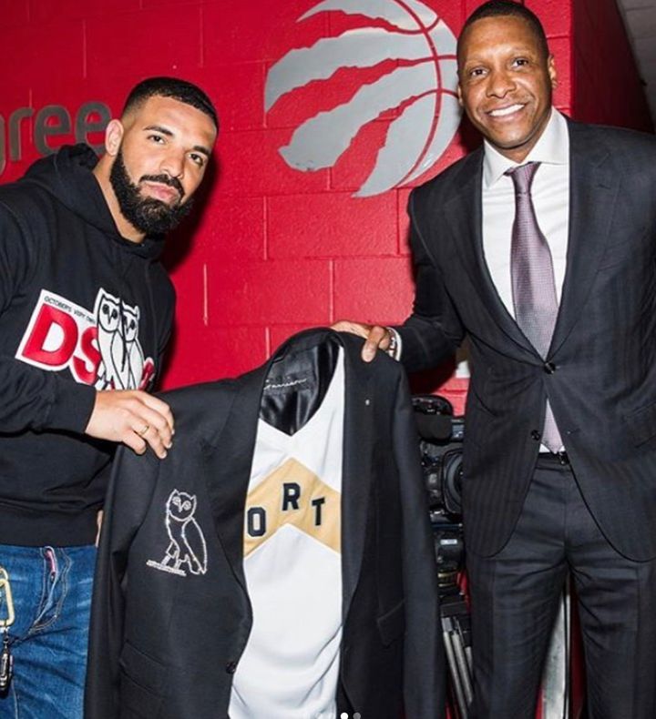 Raptors president Masai Ujiri presented Drake with a diamond-crusted jacket on Tuesday before game four between the Raptors and Milwaukee Bucks.