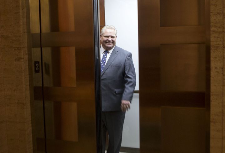 Ontario Premier Doug Ford stands in an elevator at the Ontario legislature in Toronto on May 3, 2019.