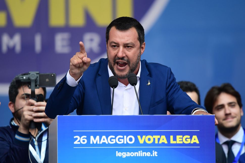 Italian Deputy Prime Minister and Interior Minister Matteo Salvini delivers a speech during a rally of European nationalists ahead of European elections on May 18, 2019, in Milan.