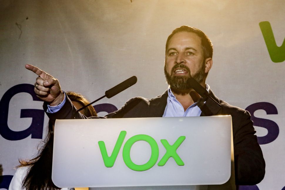 Santiago Abascal gives a speech at VOX headquarters on April 28, 2019 in Madrid.