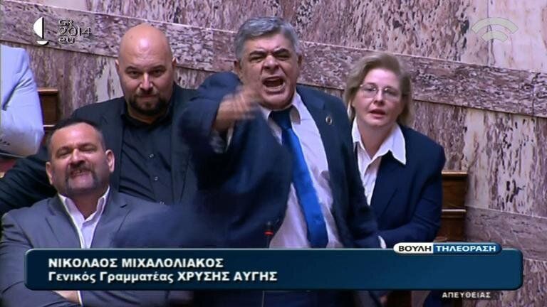 Greece's far-right Golden Dawn party, led by Nikolaos Michaloliakos (center), may fare worse this year than it did in the last European Parliament elections.