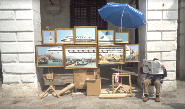 Banksy's "Venice in Oil" is set up at the 2019 <a href="https://www.huffpost.com/topic/venice-biennale" target="_blank" role="link" class=" js-entry-link cet-internal-link" data-vars-item-name="Venice Biennale" data-vars-item-type="text" data-vars-unit-name="5ce68088e4b09b23e65e8982" data-vars-unit-type="buzz_body" data-vars-target-content-id="https://www.huffpost.com/topic/venice-biennale" data-vars-target-content-type="feed" data-vars-type="web_internal_link" data-vars-subunit-name="article_body" data-vars-subunit-type="component" data-vars-position-in-subunit="5">Venice Biennale</a> art exhibition, even though the famed British street artist wasn't invited to participate.