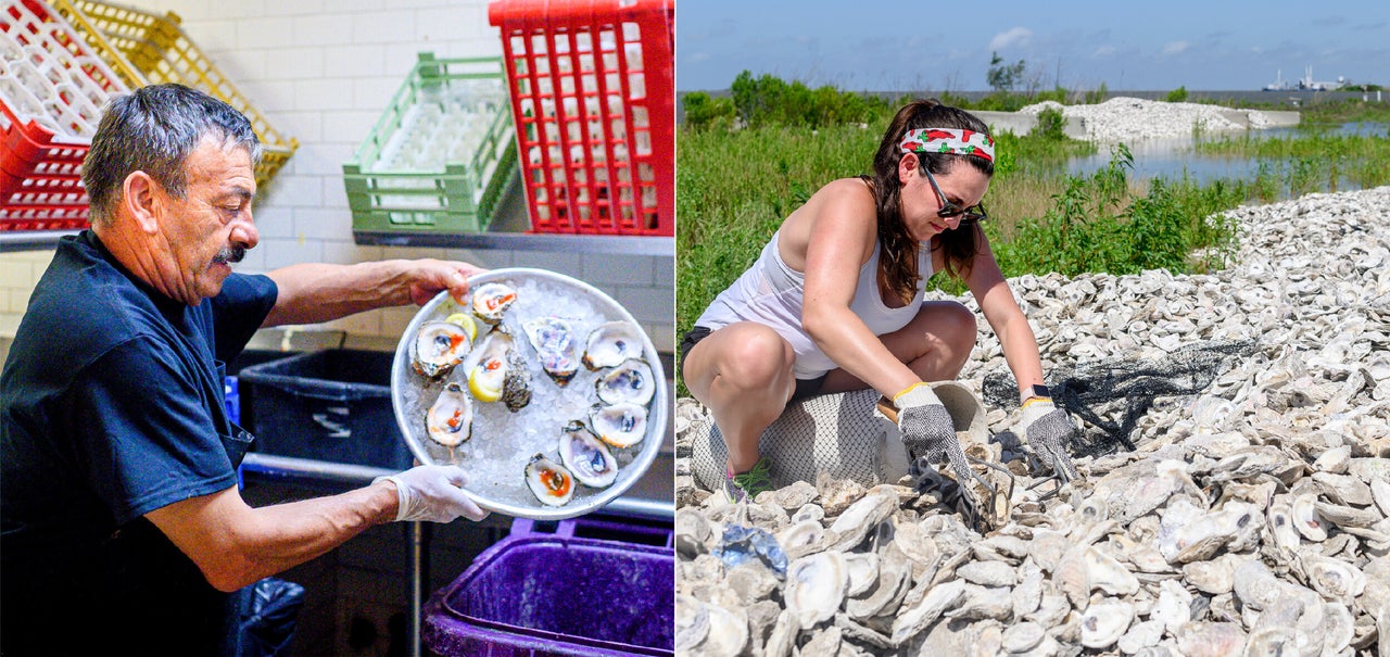 LEFT: Jose Orlando dumps the shells of eaten oysters into the collection bin in the kitchen at Superior Seafood in New Orleans, Louisiana., on May 16, 2019. RIGHT: Sydney Comeaux of Superior Seafood collects oyster shells into a bag at the Coalition to Restore Coastal Louisiana oyster shell collection center in Buras, Louisiana., on May 21, 2019.