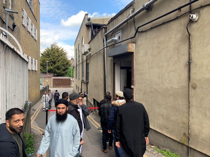 Worshippers arriving for Friday Prayers at Seven Kings Mosque in Ilford.