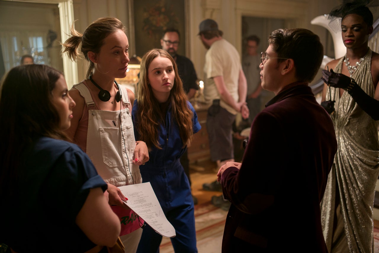 Beanie Feldstein, Olivia Wilde, Kaitlyn Dever, Noah Galvin and Austin Crute on the "Booksmart" set.