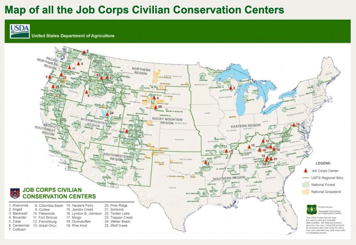 Locations of the Job Corps Civilian Conservation Centers.