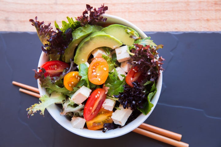 Including a tofu and veggie salad is a great way to increase gut-friendly fibre while still getting enough protein.