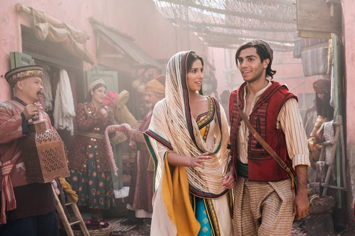 <a href="https://www.imdb.com/name/nm4305463/" target="_blank" rel="noopener noreferrer">Naomi Scott</a>, as Jasmine and Mena Massoud as Aladdin on the mean streets of Agrabah.