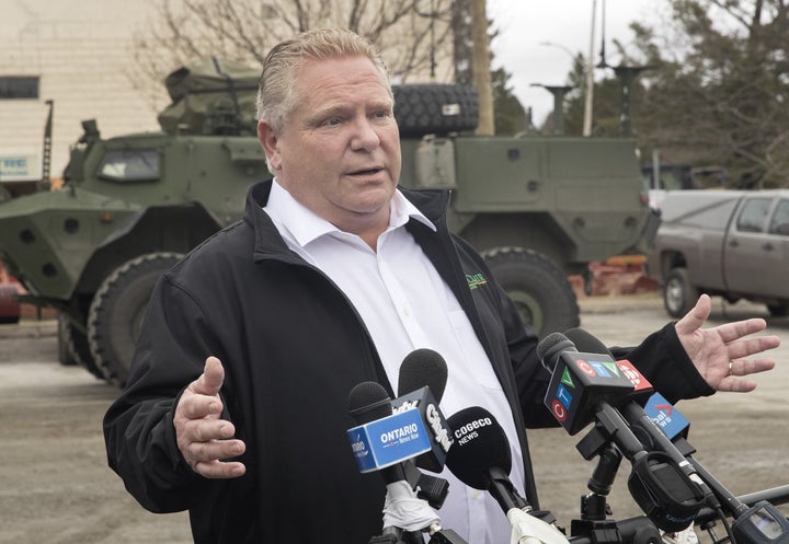 Ontario Premier Doug Ford speaks to media in Bracebridge, Ont., on May 3, 2019.