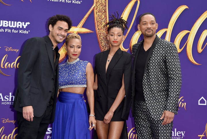 Trey Smith, Jada Pinkett Smith, Willow Smith and Will Smith — but no Jaden Smith — at the premiere of Disney's "Aladdin" on Tuesday.