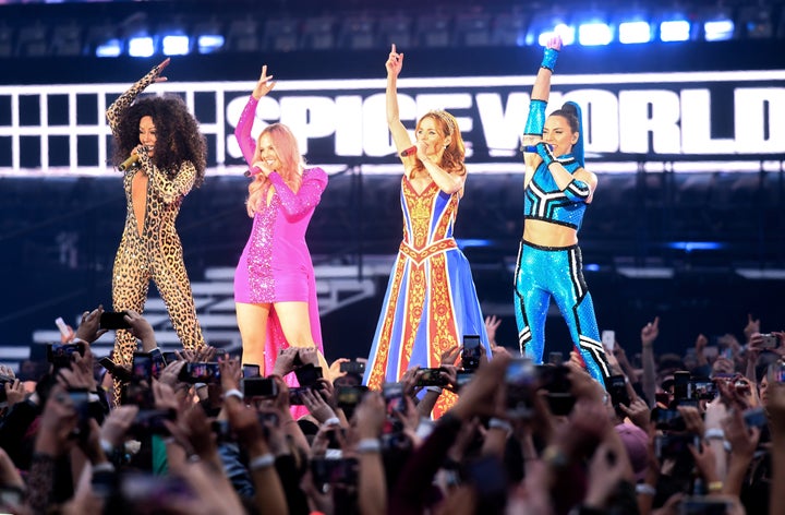 Mel B, Emma Bunton, Geri Horner and Mel C on the Spice World tour in 2019