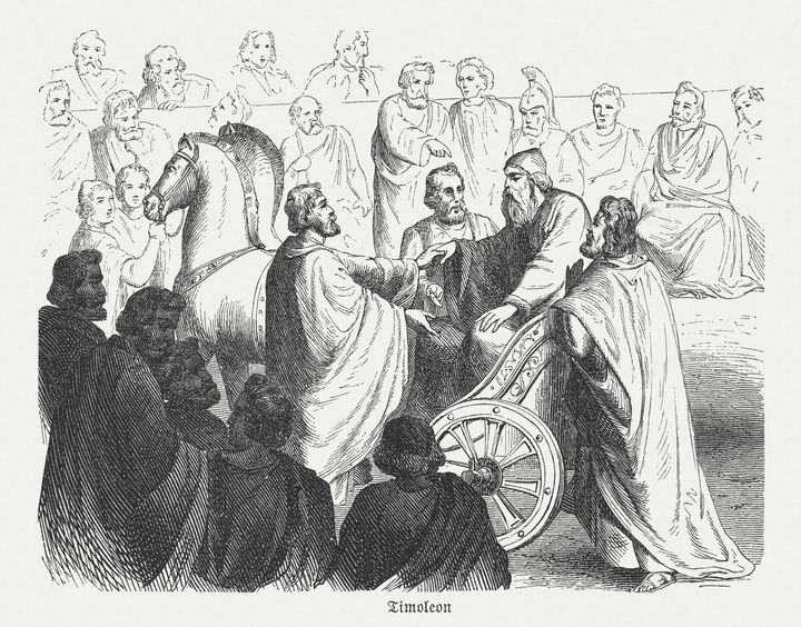 Timoleon during the People's Assembly. Timoleon (c. 411–337 BC) was a Greek statesman and general. Woodcut engraving, published in 1882.