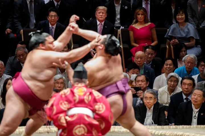 Trump attended the tournament with Japanese Prime Minister Shinzo Abe, his wife Akie Abe, and first lady Melania Trump.