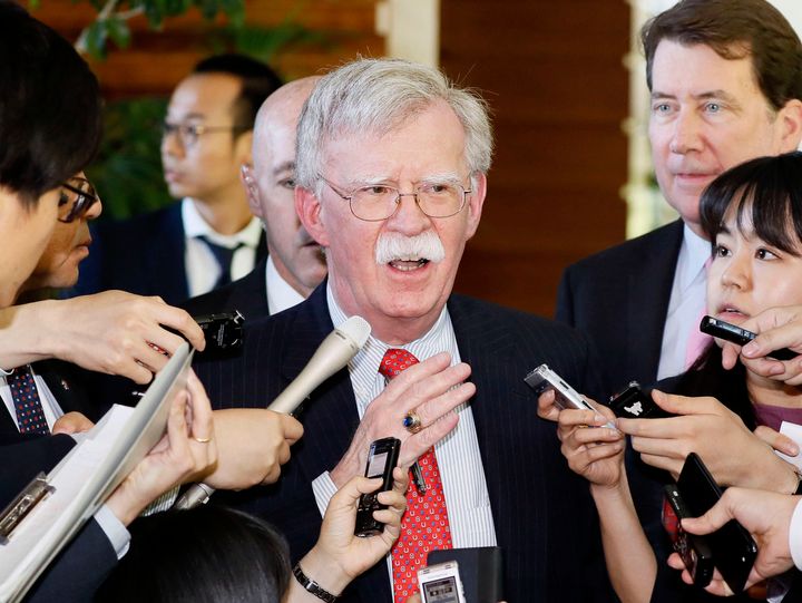 U.S. National Security Adviser John Bolton, seen Friday at the Japanese prime minister's residence in Tokyo, said a series of short-range missiles launched by North Korea last month violate U.N. Security Council resolutions.
