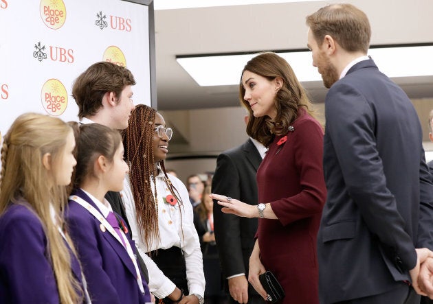 The Duchess of Cambridge meets pupils from The Bridge Academy at the annual Place2Be School Leaders Forum at UBS London.