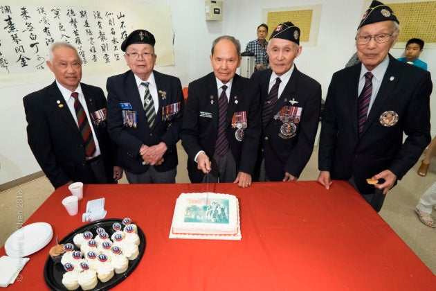 Force 136 members Hank Lowe, Gordon Quan, Tommy Wong, Charlie Lee and Ronald Lee attend an exhibition on May 14, 2016.