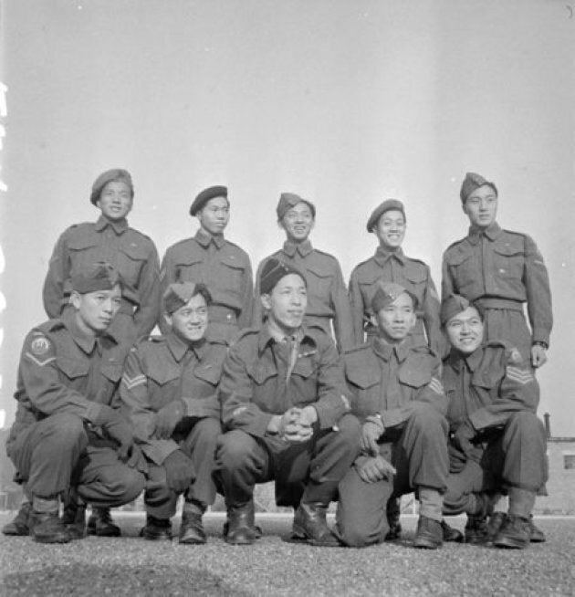 Force 136 men, who were stationed in India, posing for a photograph as they await repatriation to Canada from England.