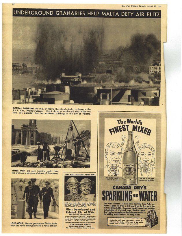 The Star Weekly from 1942 showed photos like the bombings in Valetta, Malta and this Canada Dry advertisment.