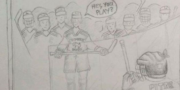 TSN's James Duthie shared this drawing depicting players from the Humboldt Broncos junior hockey team inviting Jonathan Pitre, a 17-year-old Ottawa boy who died from a rare disease, to play with them. A day later, Kerry MacGregor, a Canadian author living in France, identified herself as the piece's creator.
