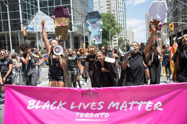 Black Lives Matter Toronto partakes in the 2016 Pride Parade ahead of their protest.