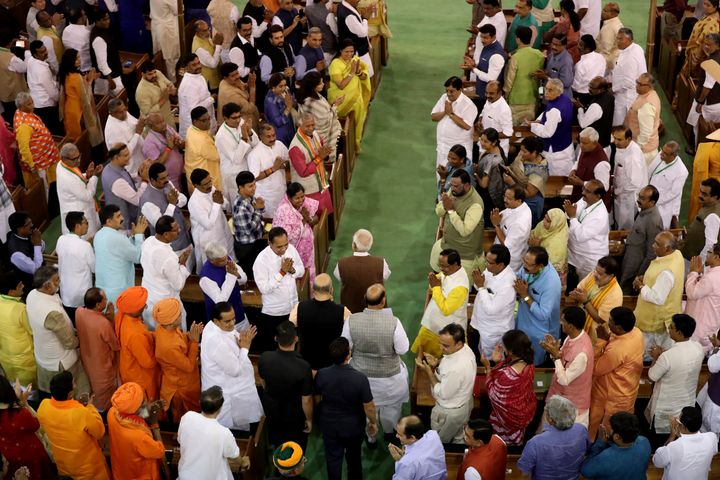 Narendra Modi greets newly elected BJP MPs in New Delhi on 25 May 2019.