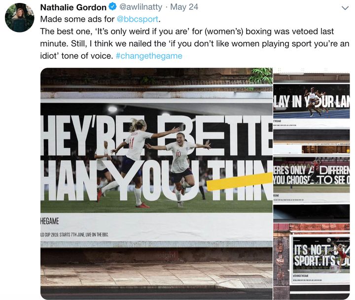 A screenshot of Nathalie Gordon's now-deleted tweet about the BBC Sport campaign