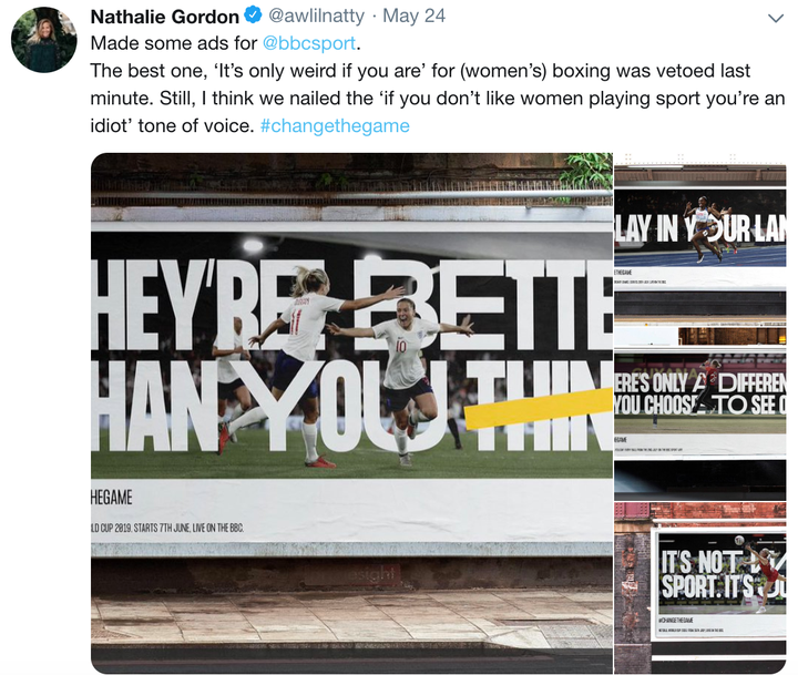 A screenshot of Nathalie Gordon's now-deleted tweet about the BBC Sport campaign