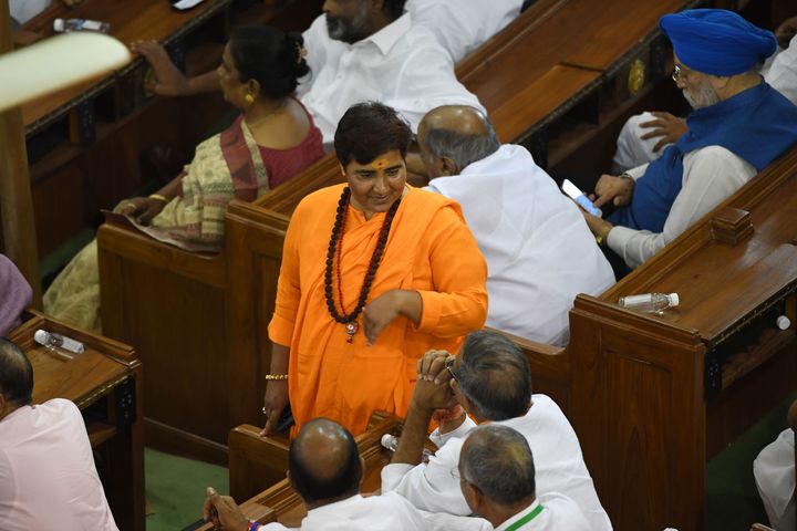 Terror accused and newly-elected MP from Bhopal constituency Pragya Singh Thakur at the NDA meeting at the central hall of the parliament in New Delhi on 25 May 2019.
