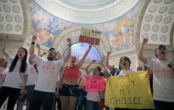 Protesters in Missouri speak out about an anti-abortion law. 