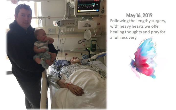 Amber Dyck recovers from surgery after jumping from her bedroom window with her son.