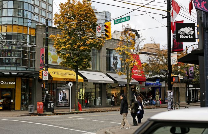 Retail locations near the corner of Robson at Burrard streets in downtown Vancouver.