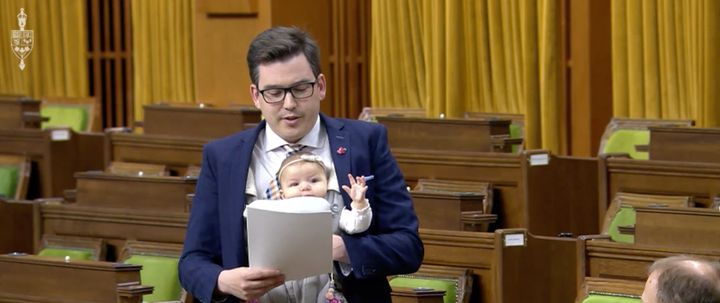 Liberal MP Terry Beech and his daughter, Nova, are shown in the House of Commons on May 27, 2019.