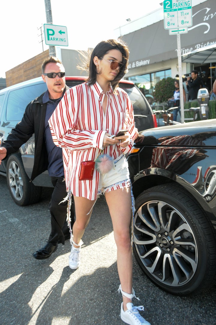 Kendall Jenner wearing "<a href="https://www.standard.co.uk/fashion/invisible-jeans-going-to-be-2018-s-most-bizarre-summer-trend-a3829996.html" target="_blank" rel="noopener noreferrer">invisible jeans</a>" in Los Angeles in 2017.