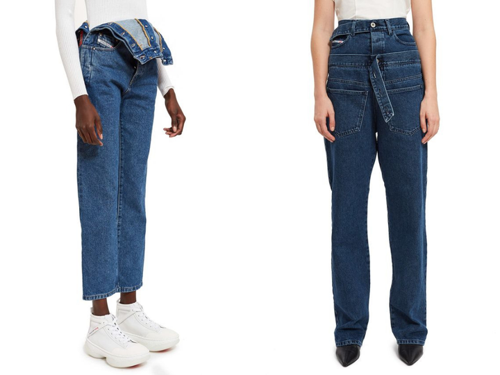 Left: <a href="https://www.openingceremony.com/womens/diesel-red-tag-by-glenn-martens/high-waist-straight-jeans-w_-side-snap-ST211539.html?gender=w" target="_blank" rel="noopener noreferrer">Diesel Red Tag by Glenn Martens side-snap high-waist jeans</a>, $248; right: <a href="https://www.openingceremony.com/womens/diesel-red-tag-x-shayne-oliver/embedded-belt-jean-ST209029.html" target="_blank" rel="noopener noreferrer">Diesel Red Tag X Shayne Oliver embedded belt jean</a>, $123.