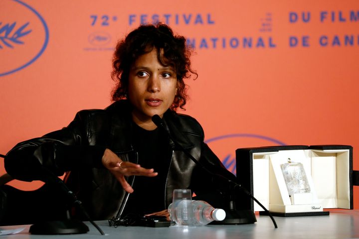 Mati Diop, winner of the Grand Prix for her film "Atlantics," speaks to the press at the 72nd annual Cannes Film Festival on 