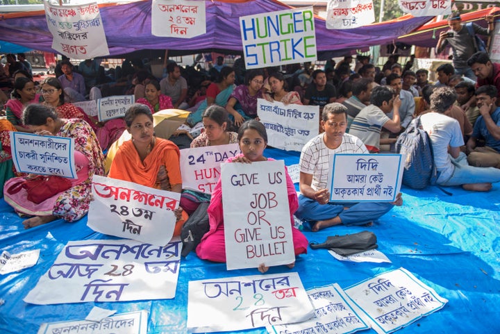 "Give us job or give us bullet": File photo of a hunger strike by School Service Commission (SSC) qualified candidates in Kolkata demanding immediate recruitment in state schools, where the selection test was conducted in 2017, results were declared in March 2018 and yet their names were in the waiting list. 