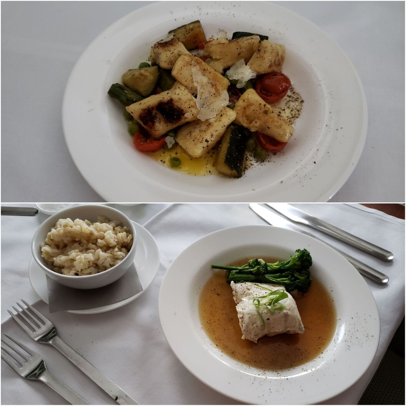 主菜我點的是義大利式的麵團 (Gnocchi)(上圖),老婆則是點了蒸魚料理加上一晚糙米飯(下圖)