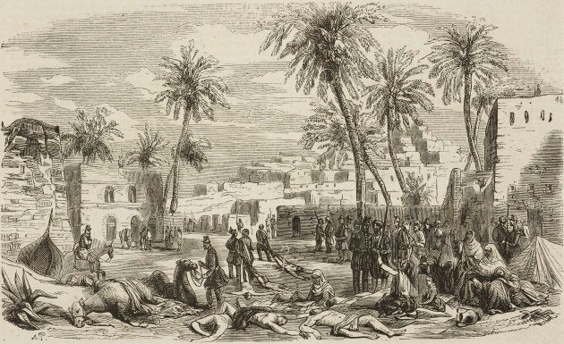 Removing corpses from the square in El Aghouat, after the French conquest, Algeria, illustration from L'Illustration, Journal Universel, No 516, Volume XXI, Jan. 15, 1853.