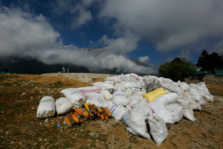 Sacks of garbage collected from Mount Everest is seen in Namche Bajar, Solukhumbu district, Nepal, on Monday. The garbage wil