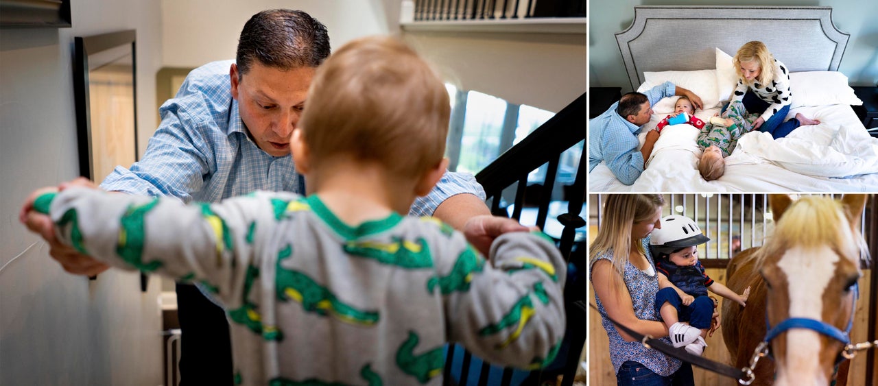 Left: Mark Freed helps his son Maxwell walk down the stairs at their home in Denver. Right top: Amber and Mark feed their two children, Riley and Maxwell, as they get ready to start the day. Right bottom: Caiti Peters, an occupational therapist with My Heroes, holds Maxwell up to Adle, the horse he rides for his therapy session at the Temple Grandin Equine Center in Denver.