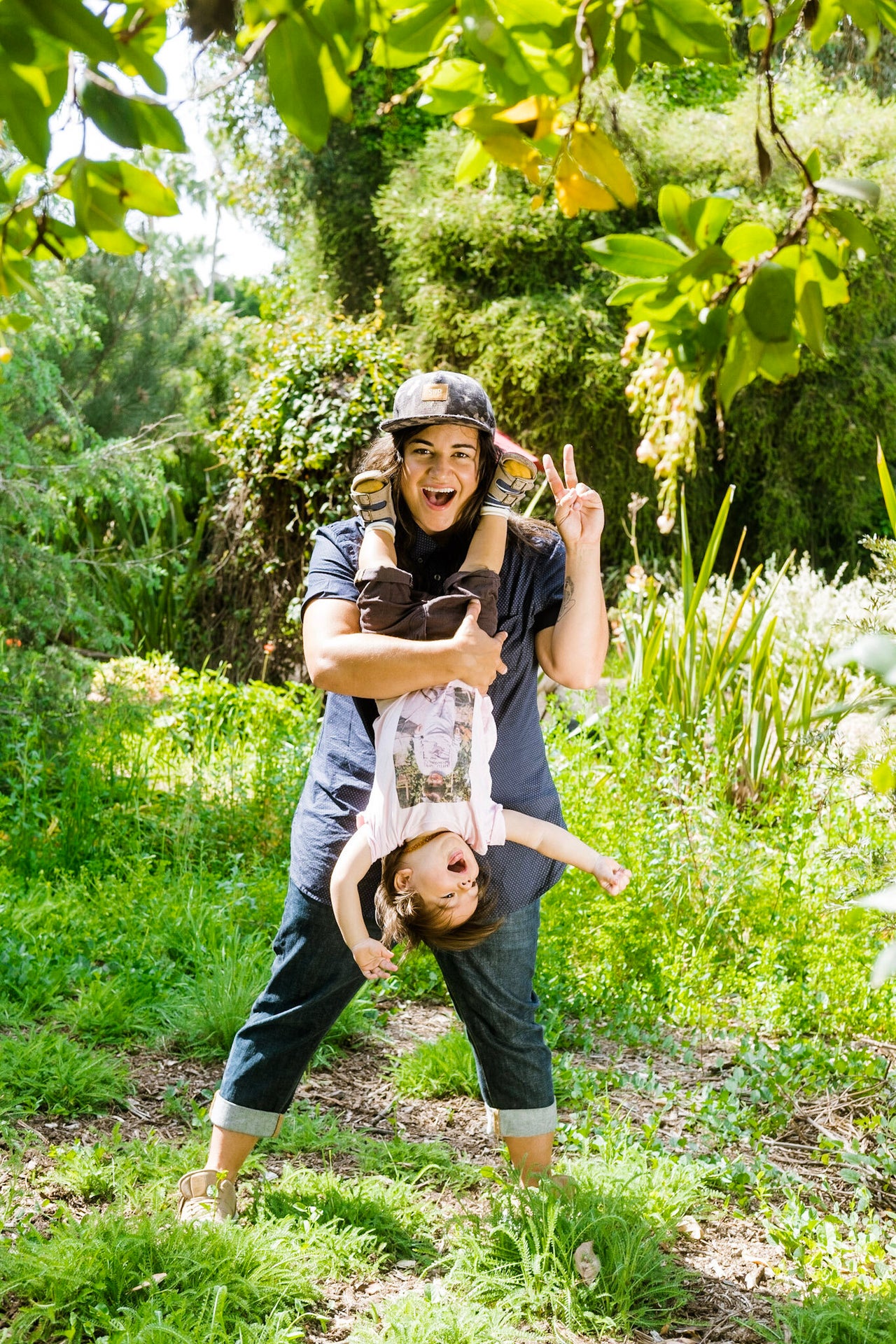 Jalees with her son, Wolfie. "People do look at you when you’re a gay couple with a baby like you’re two pigeons with a hat. How did those two pigeons get that cool hat?" she says.