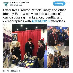 Patrick Casey, the head of white nationalist organization Identity Evropa, worked the crowd at the <a href="https://www.huffpost.com/entry/cpac-white-nationalists_n_5a971c92e4b09c872bb0e770?guccounter=1&guce_referrer=aHR0cHM6Ly93d3cuZ29vZ2xlLmNvbS8&guce_referrer_sig=AQAAAJowN7QYxDhye26d9Xd9OXkyHvrTmq2FprMmYAO8m3X3Gl_dDlNrNtvNoasjdIHfLh1euIe-4WSMjs8MD_I8-3IuPitlCzV-owVt7ybFTuIGxydMCDvC3f1g8JQSAV3mbxfXVSSbfiA_i9Zwr6L95cuAIqUj22g7IoO_2KnpWB-3" target="_blank" role="link" class=" js-entry-link cet-internal-link" data-vars-item-name="2018 Conservative Political Action Conference" data-vars-item-type="text" data-vars-unit-name="5cec4d28e4b00e036573311d" data-vars-unit-type="buzz_body" data-vars-target-content-id="https://www.huffpost.com/entry/cpac-white-nationalists_n_5a971c92e4b09c872bb0e770?guccounter=1&guce_referrer=aHR0cHM6Ly93d3cuZ29vZ2xlLmNvbS8&guce_referrer_sig=AQAAAJowN7QYxDhye26d9Xd9OXkyHvrTmq2FprMmYAO8m3X3Gl_dDlNrNtvNoasjdIHfLh1euIe-4WSMjs8MD_I8-3IuPitlCzV-owVt7ybFTuIGxydMCDvC3f1g8JQSAV3mbxfXVSSbfiA_i9Zwr6L95cuAIqUj22g7IoO_2KnpWB-3" data-vars-target-content-type="buzz" data-vars-type="web_internal_link" data-vars-subunit-name="article_body" data-vars-subunit-type="component" data-vars-position-in-subunit="52">2018 Conservative Political Action Conference</a>.