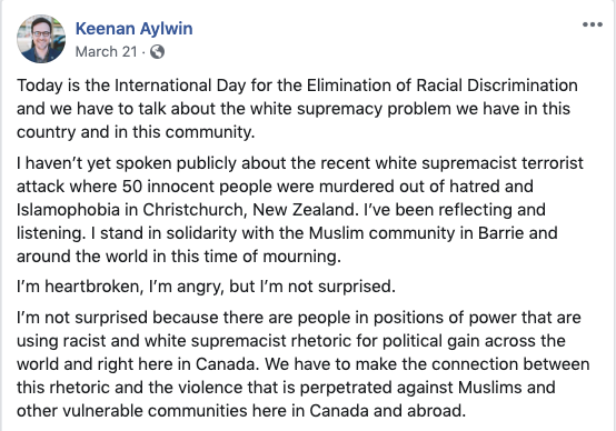 Part of the Facebook post Keenan Aylwin wrote on March 21, 2019.