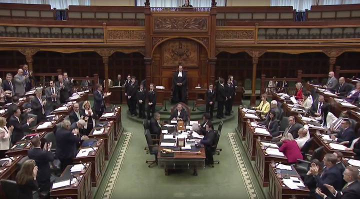 Progressive Conservative MPPs applaud after voting to pass the government's budget bill on May 29, 2019.