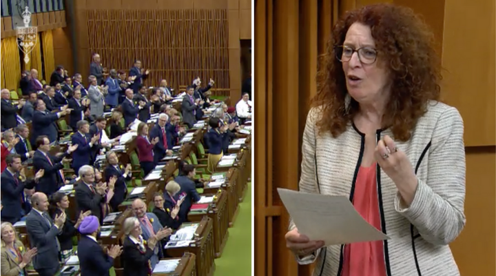 A composite image of the House of Commons on May 29, 2019, and Bloc Quebecois MP Monique Pauze.