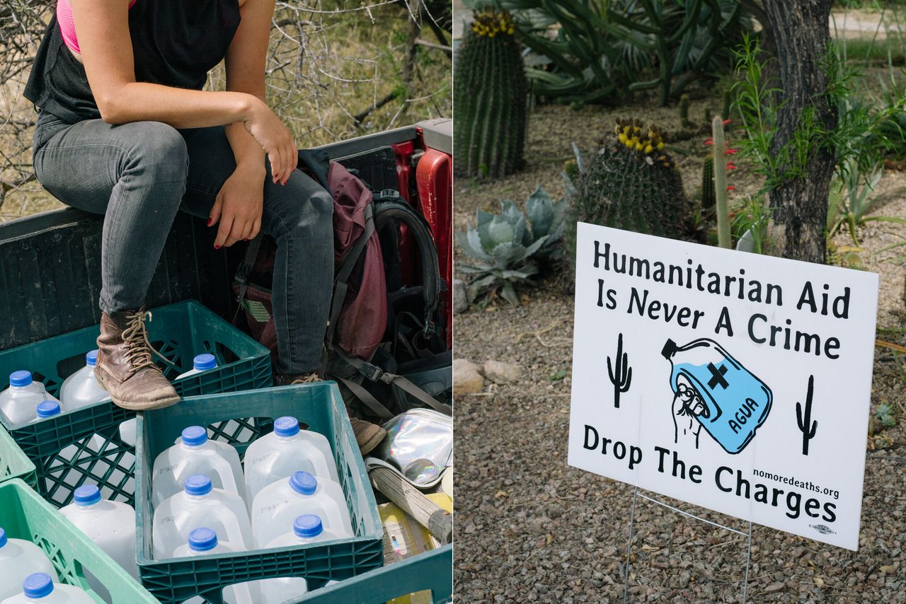 Left: No Más Muertes volunteer Esteli Kitchen on a water run in the Altar Valley. Right: A sign supporting No Más Muertes in Tucson, Arizona.