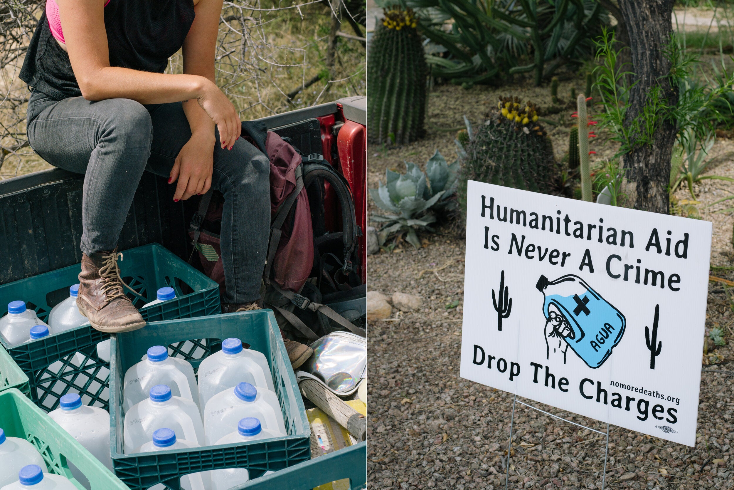 Left: No Más Muertes volunteer Esteli Kitchen on a water run in the Altar Valley. Right: A sign supporting No Má